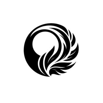 Black and white circular featuring a decorative leaf arrangement within an abstract ring, suggesting harmony. vector