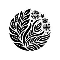 A stylized, monochromatic emblem combining winter elements snowflakes and natural motifs leaves, branches arranged in a circular design. vector