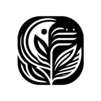 Abstract black and white botanical symmetric composition featuring a halfmoon, dot, and leaflike forms, enclosed in a roundedrectangular shape. vector