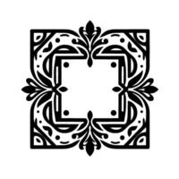 Intricate black and white symmetrical floral frame with geometric edges, highlighting details. vector