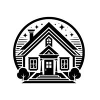 Elegant black and white illustration of a charming house framed by a circular border with stars, trees, and a sense of serenity. vector