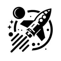 A stylized black and white illustration of a rocket blasting off, encircled by a cosmic of planets and stars, symbolizing space exploration and innovation. vector