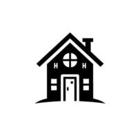 A minimalist black and white house logo, featuring an h on either side of a circular window, symmetrical composition and clean lines. vector