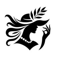 Silhouette of a sophisticated woman in a widebrimmed hat with flowing hair, adorned with a pearl necklace and a delicate hand gesture, emphasizing elegance and grace. vector