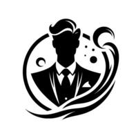 Stylish silhouette of a man in a suit surrounded by ornate elements, creating a bold composition on a white background. vector