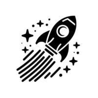 A stylized black and white rocket blasting off, surrounded by stars and dots, evoking a sense of movement and space exploration. vector