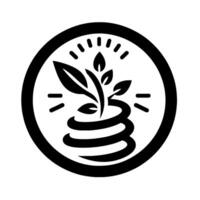 Black and white circular depicting a sprouting plant within a coiled, potlike structure, surrounded by stylized light rays. vector
