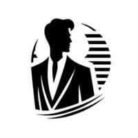 Silhouette of a sharply dressed man in a suit and tie, set against a minimalist backdrop featuring a stylized sun or spherelike element. vector