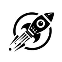 A stylized black and white rocket ship blasting off, integrated with a circular emblem, featuring a minimalistic design. vector
