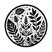 Intricate black and white circular featuring stylized botanical elements leaves, branches, and decorative accents. vector