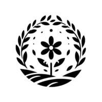 A stylized black and white floral emblem, showcasing a daisy inside a laurel wreath, set on a textured ground, evoking simplicity and natures elegance. vector