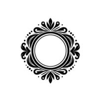 A symmetrical, ornate black and white floral frame with a circular blank space, set against a clean white backdrop. vector