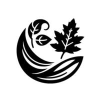 Stylized black and white illustration of leaves, a curved element, and other botanical shapes in a balanced circular composition. vector