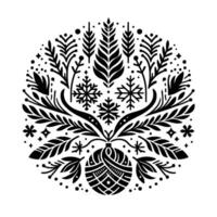 Intricate black and white circular with floral and snowflake elements, evoking a festive and decorative winter theme. vector