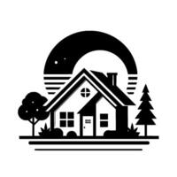 Minimalist black and white illustration of a house, trees, and an abstract sky element, representing home and nature harmony. vector