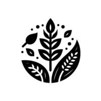 A symmetrical, black and white botanical illustration featuring stylized leaves and wheat stalks, creating a minimalist and organic within a circular frame, showcasing natural elements. vector