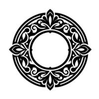 Intricate black and white circular floral with symmetrical details, ornate inner circle, and decorative leaf motifs on a white background. vector