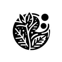 Minimalist black and white botanical stylized leaves, branches, and spheres within a circular composition, emphasizing natural forms and clean lines. vector