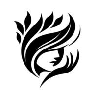 A stylized, symmetrical black and white illustration of a womans face, hair, and hand, surrounded by organic leaflike shapes, creating a sense of natural elegance and beauty. vector