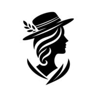 Silhouette of a woman wearing a hat adorned with laurel, flowing hair, and elegant details, set against a clean white backdrop. vector