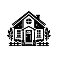A stark, minimalistic illustration of a charming twostory house with a front porch, framed by a picket fence and stylized foliage. vector