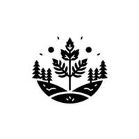 Stylized black and white nature illustration central tree with leaves, forest elements, moon symbols, and rounded landscape on a white background. vector