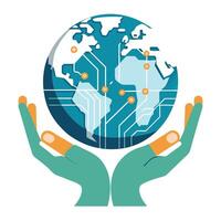 Sleek and Modern Hands Icon with Futuristic Globe and Circuit Line Design vector