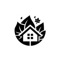 Minimalist black and white ecofriendly house a symmetrical depicting a house encircled by leaves and autumnal elements symbolizing nature and sustainability. vector
