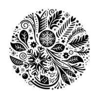 A minimalist black and white circular christmas ornament design, featuring festive botanical elements, snowflakes, and decorative flourishes. vector