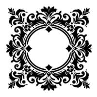 Elegant black and white ornamental frame a symmetrical featuring swirling floral elements surrounding a central circle with geometric accents. vector