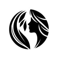 Elegant silhouette a womans profile enclosed by foliageinspired hair, forming a circular, black and white emblem vector