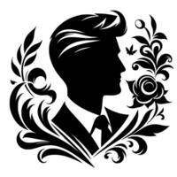 Silhouette of a dapper gentleman in profile, adorned with elegant floral and botanical embellishments, a butterfly, a classic design. vector