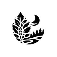 A stylized black and white depicts a crescent moon above a forested landscape, with a central leaflike featuring a seed head. vector