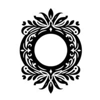 A symmetrical, ornate black and white design, a floral decorative frame with a central circular void, showcasing detailed patterns. vector