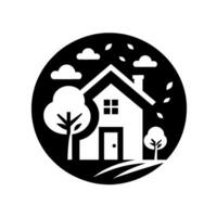 A minimalist black and white featuring a house surrounded by trees, clouds, and leaves inside a circular frame, conveying a sense of home and nature. vector