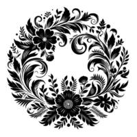 Intricate black and white floral wreath detailed depiction of a circular botanical design, featuring stylized flowers, leaves, and scrolling elements against a stark white backdrop. vector