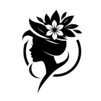 Elegant silhouette of a woman adorned with a floral headpiece, encircled by a bold, abstract design, representing beauty and grace. vector