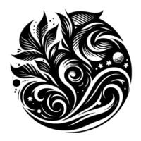 Intricate black and white floral composition within a circle, featuring swirls, leaves, stars, and dots, evoking a sense of harmony and balance. vector