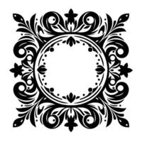 Intricate black and white ornamental frame with floral and scrollwork details surrounding a circular center space, ideal for text. vector