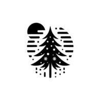 Minimalist black and white holiday a stylized pine tree within a circular frame, with snowflake accents and sun. vector