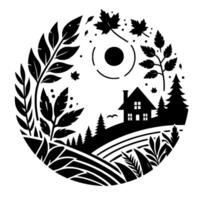 Circular black and white illustration of a house in a forest, surrounded by foliage, with a stylized sun and falling leaves depicting autumn. vector