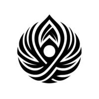 A symmetrical, abstract, black and white resembling a stylized feather or flame, with a central circle, evoking elegance. vector