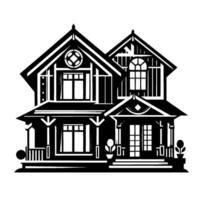 Stylized black white victorian house illustration with intricate detailing, featuring gabled roofs, porch, and a symmetrical design. vector
