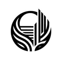 A stylized, minimalist circular featuring abstract elements of a skyscraper, a leaf, and linear shapes, all in black against a white backdrop, creating a dynamic and balanced composition. vector