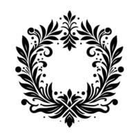 Elegant black and white botanical wreath a symmetrical of stylized leaves, tendrils, and floral elements in a circular pattern with a central void. vector