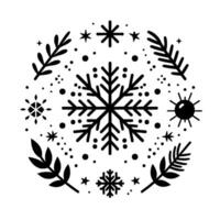 A festive circle of winter elements a central snowflake, surrounded by foliage, stars, and dots, creating a decorative design. vector