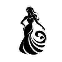 Elegant silhouette of a woman in a gown, featuring a flowing skirt and a dramatic swirl detail on a clean, white background. vector