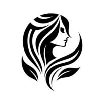 Elegant silhouette of a woman, with flowing hair and leafy embellishments within a rounded frame, creating a harmonious and modern aesthetic. vector