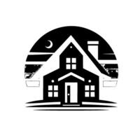 Monochromatic silhouette of a house under a crescent moon within a circle of horizontal bands, evoking peace vector