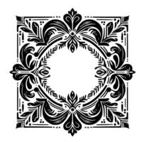 Intricate black and white floral motif a symmetrical, squareframed featuring elaborate botanical elements and a central circular void. vector
